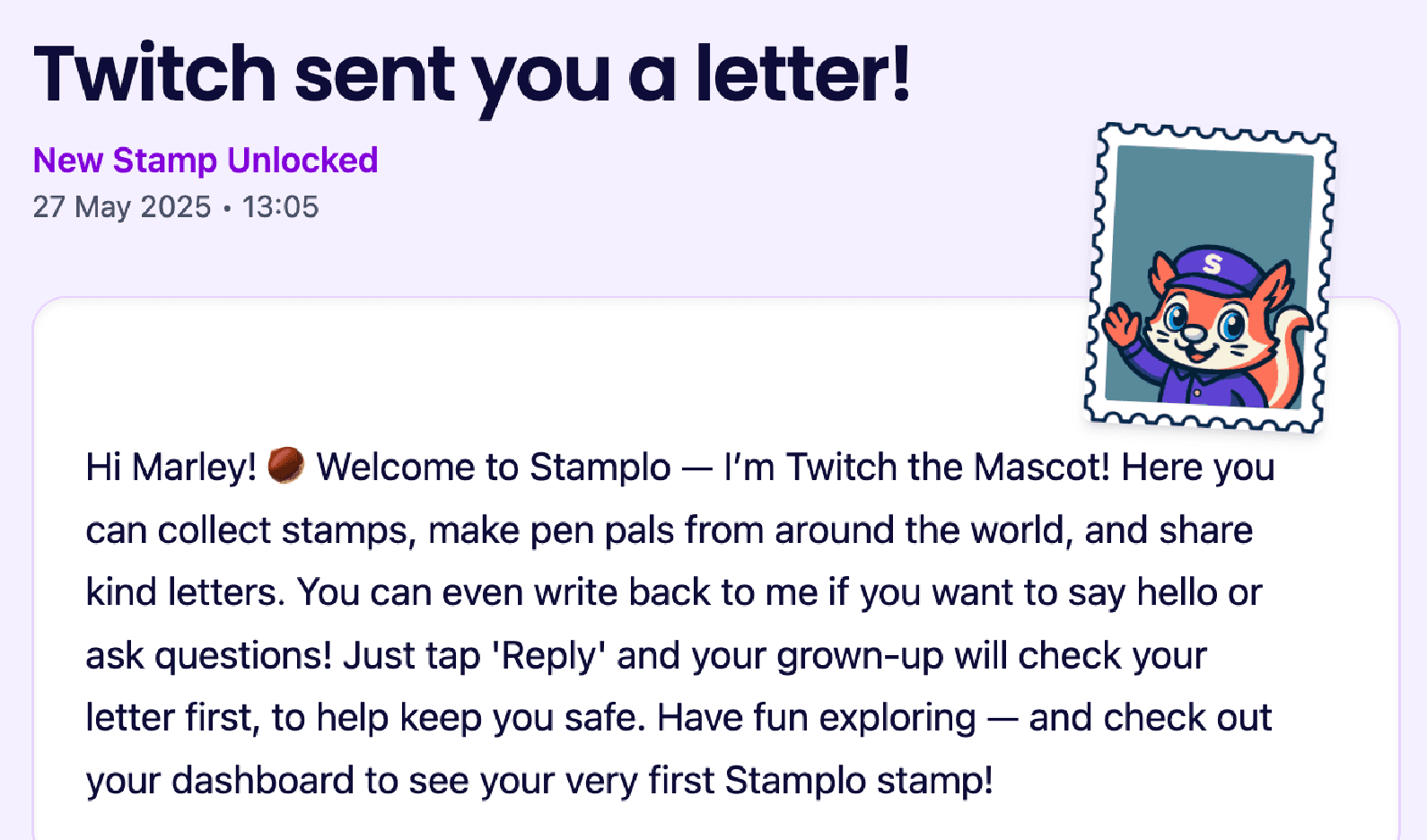 Welcome letter with a stamp
