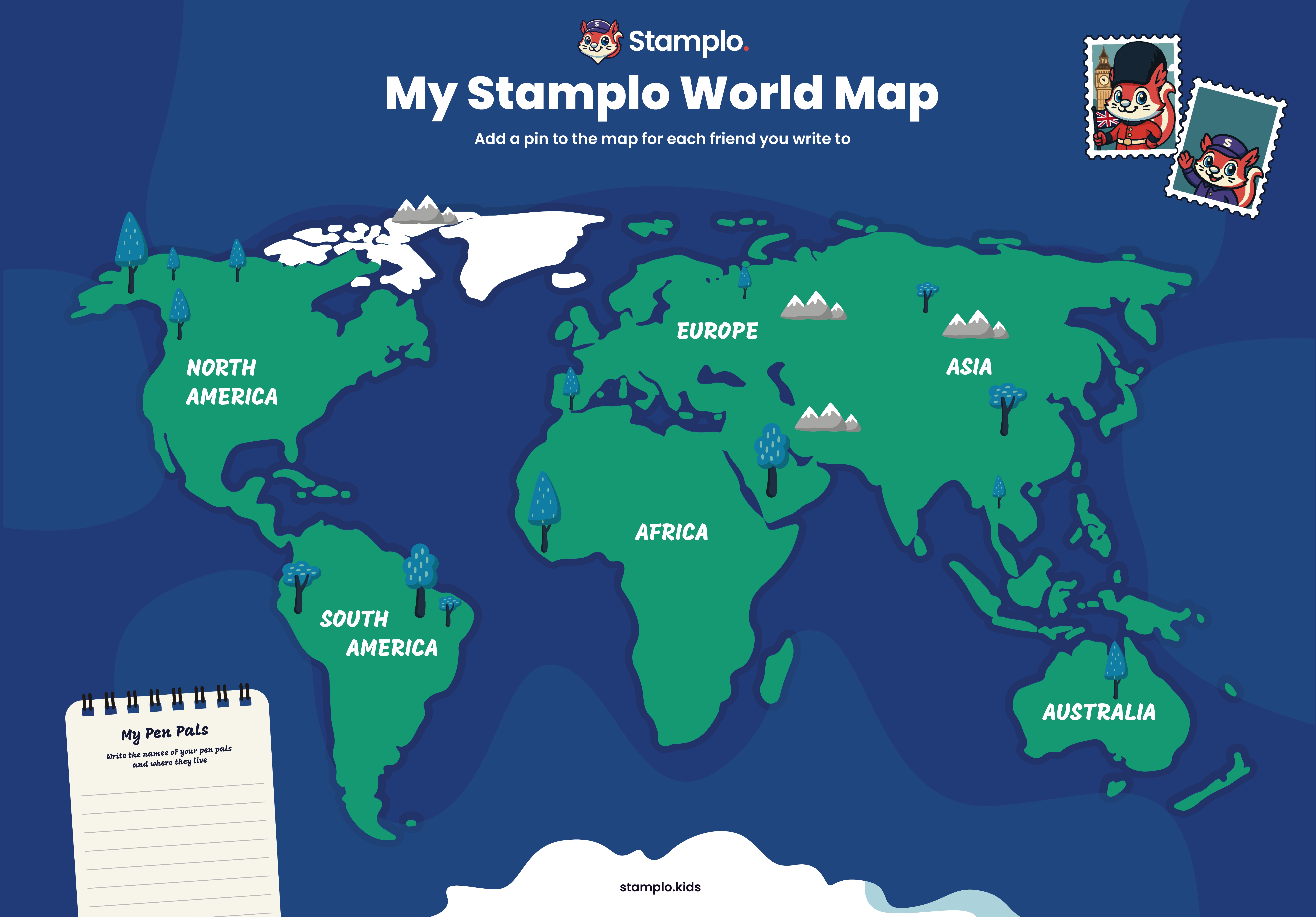 Stamplo World Map poster — a premium matte world map for pen pal families